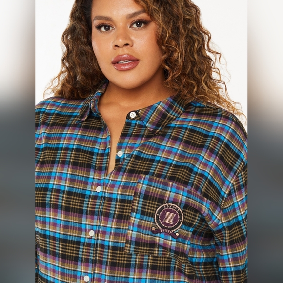 TIED UP TARTAN PJ RAW HEM SLEEP SHIRT BLUE ARUBA CANTERBURY PLAID 1X - Picture 5 of 9